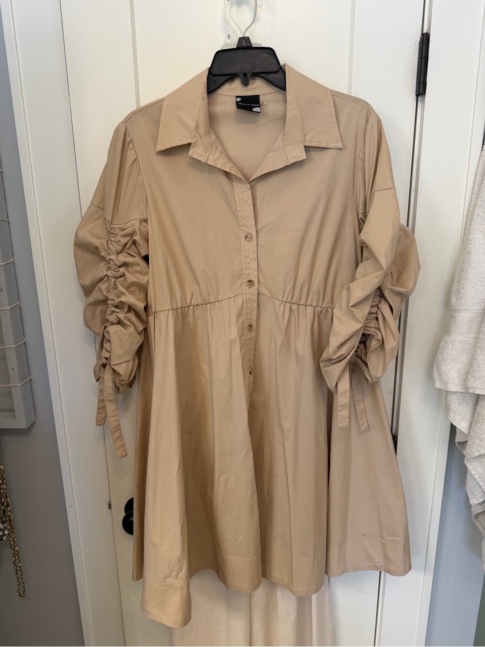 Maison Tara Beige Ruched-Sleeve Button Midi Dress
